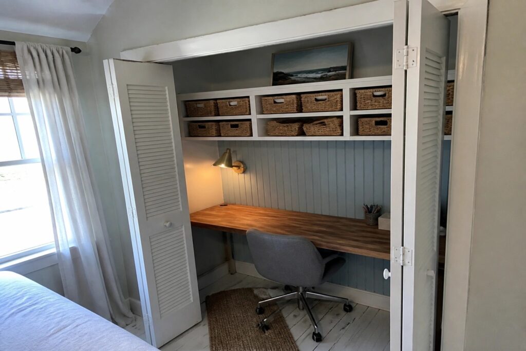 A wooden desk and gray office chair set inside a closet with light blue walls, upper shelves holding woven baskets, and a wall-mounted lamp.