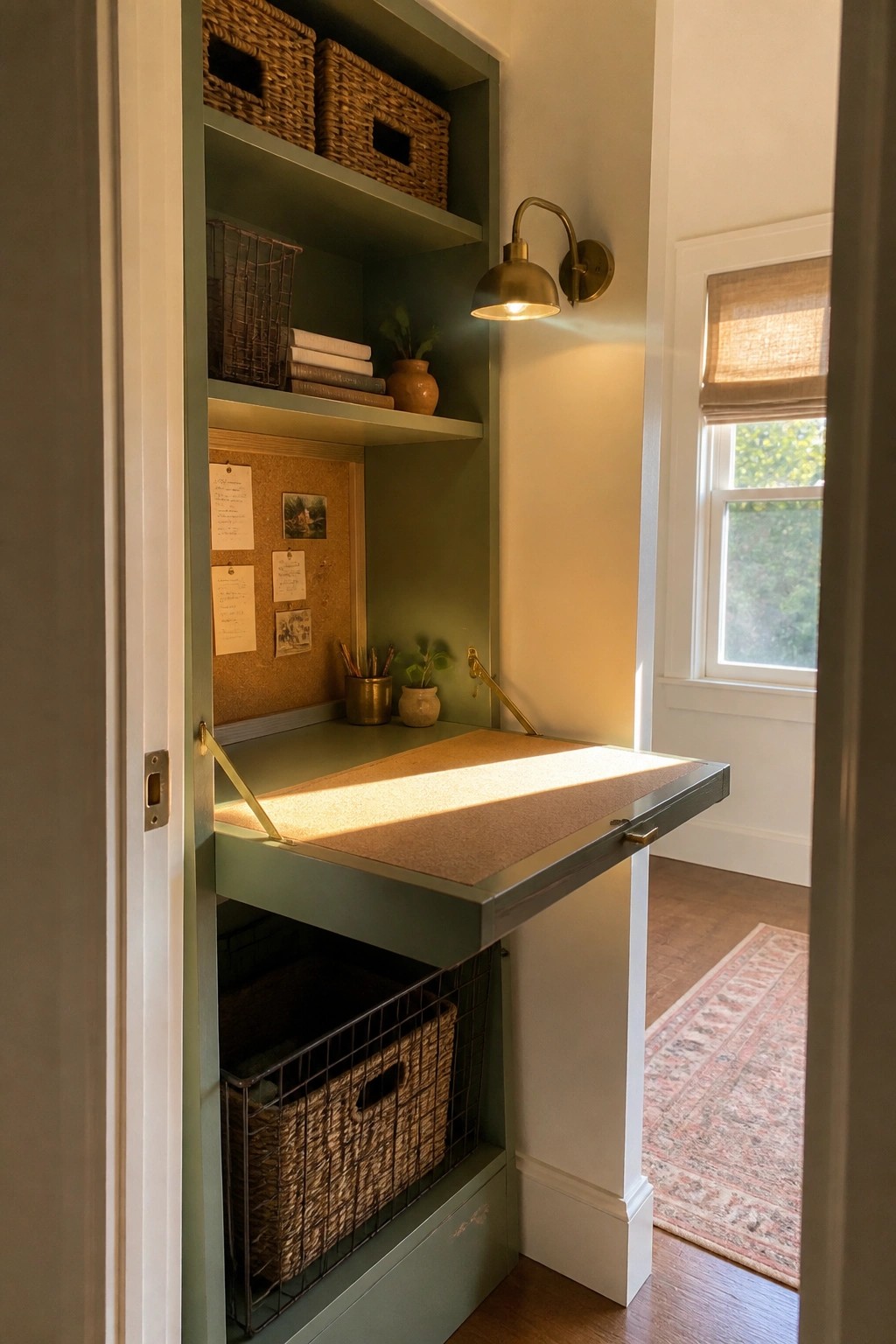 A green built-in closet features a fold-down desk with a cork surface, upper shelves with baskets and books, and a lower wire basket for storage.