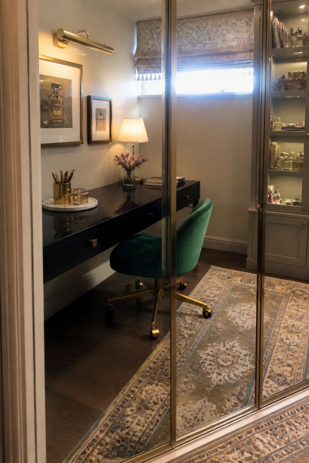 A black desk with a green velvet office chair sits inside a closet space behind sliding glass doors, with built-in shelves visible to the right.