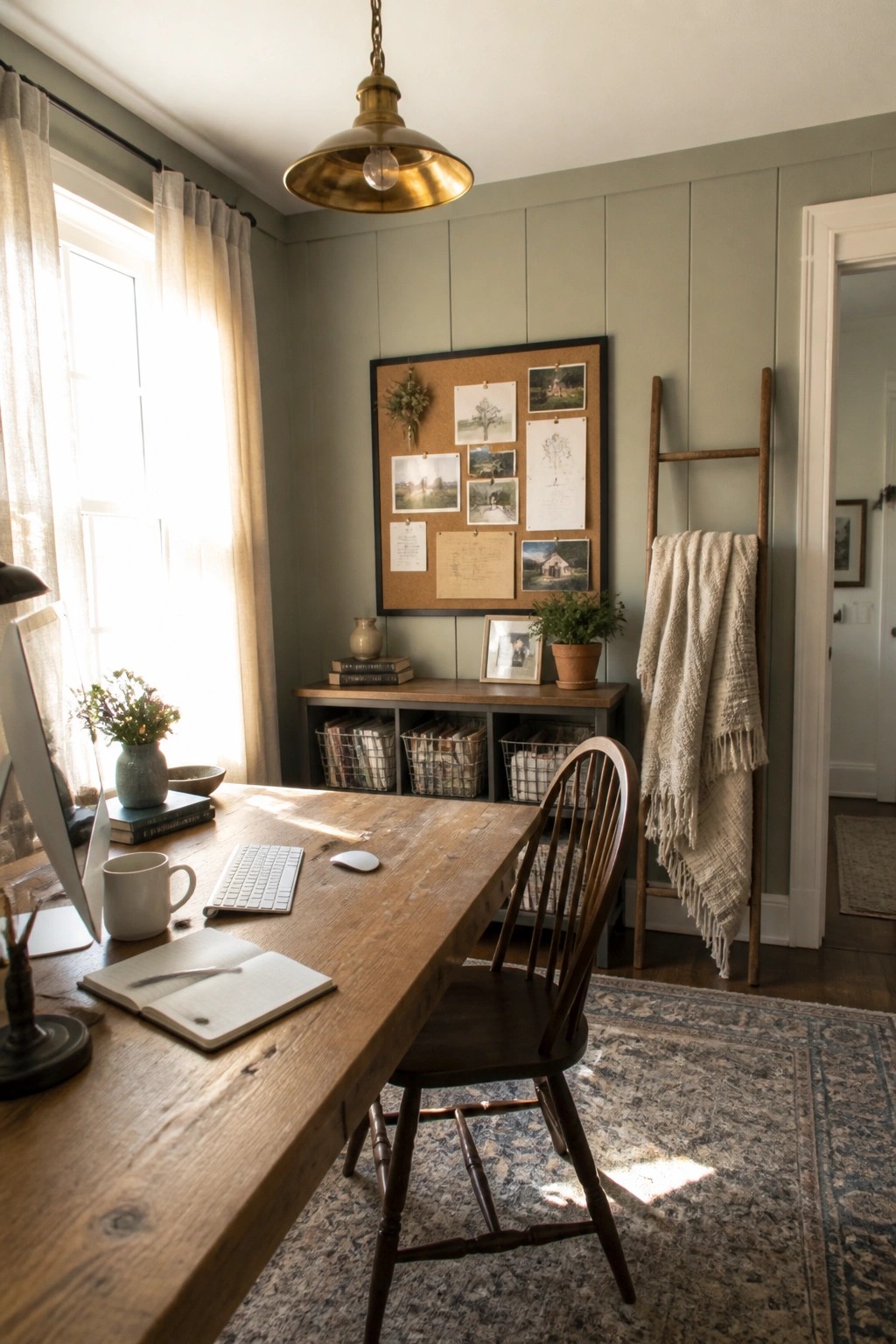 Rustic wooden desk in sunlit office with green walls, corkboard, and ladder blanket rack