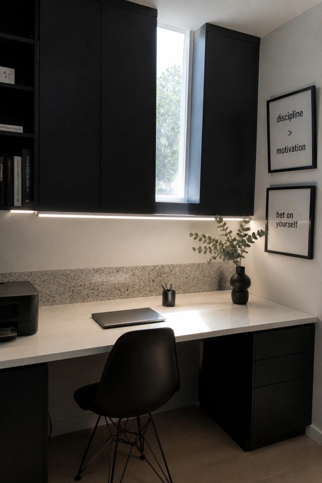 A modern home office features a white desk with a laptop, black chair, black overhead cabinets, and a window above the desk.
