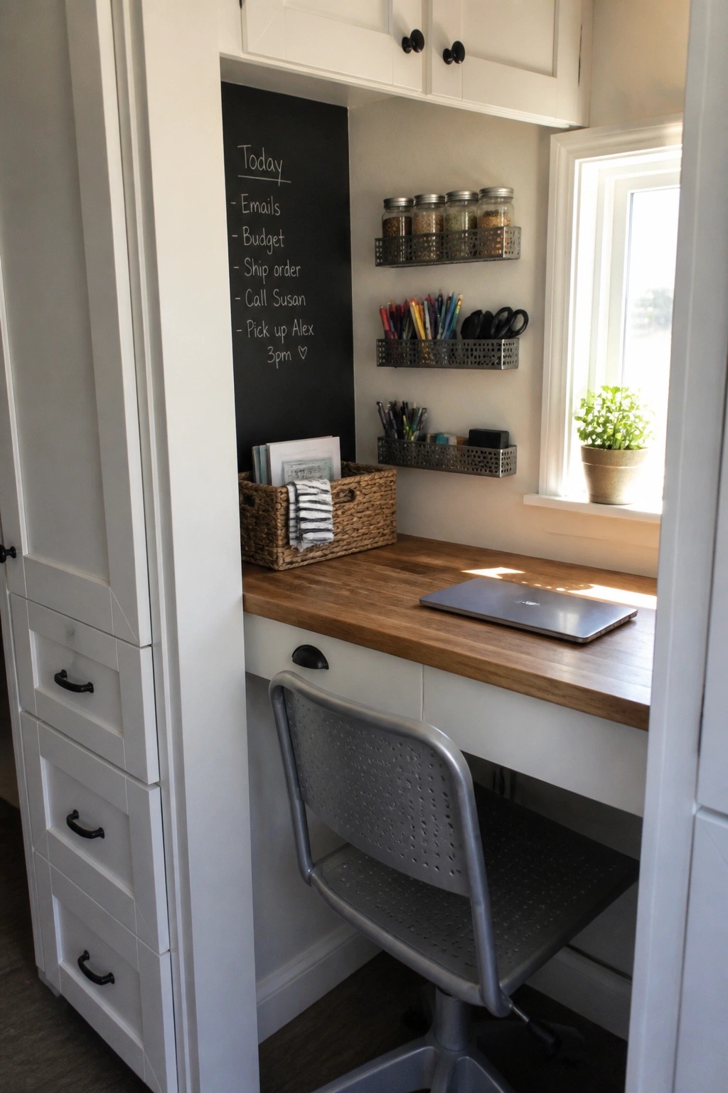 A compact built-in desk nook with wooden top, gray metal chair, chalkboard wall, storage baskets, and wall-mounted shelves inside white cabinetry next to a window.