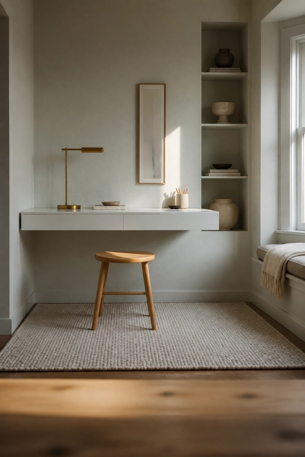 A minimalist interior shows a white floating built-in desk with a wooden stool on a woven rug, plus recessed wall shelves holding pottery and books beside a window.
