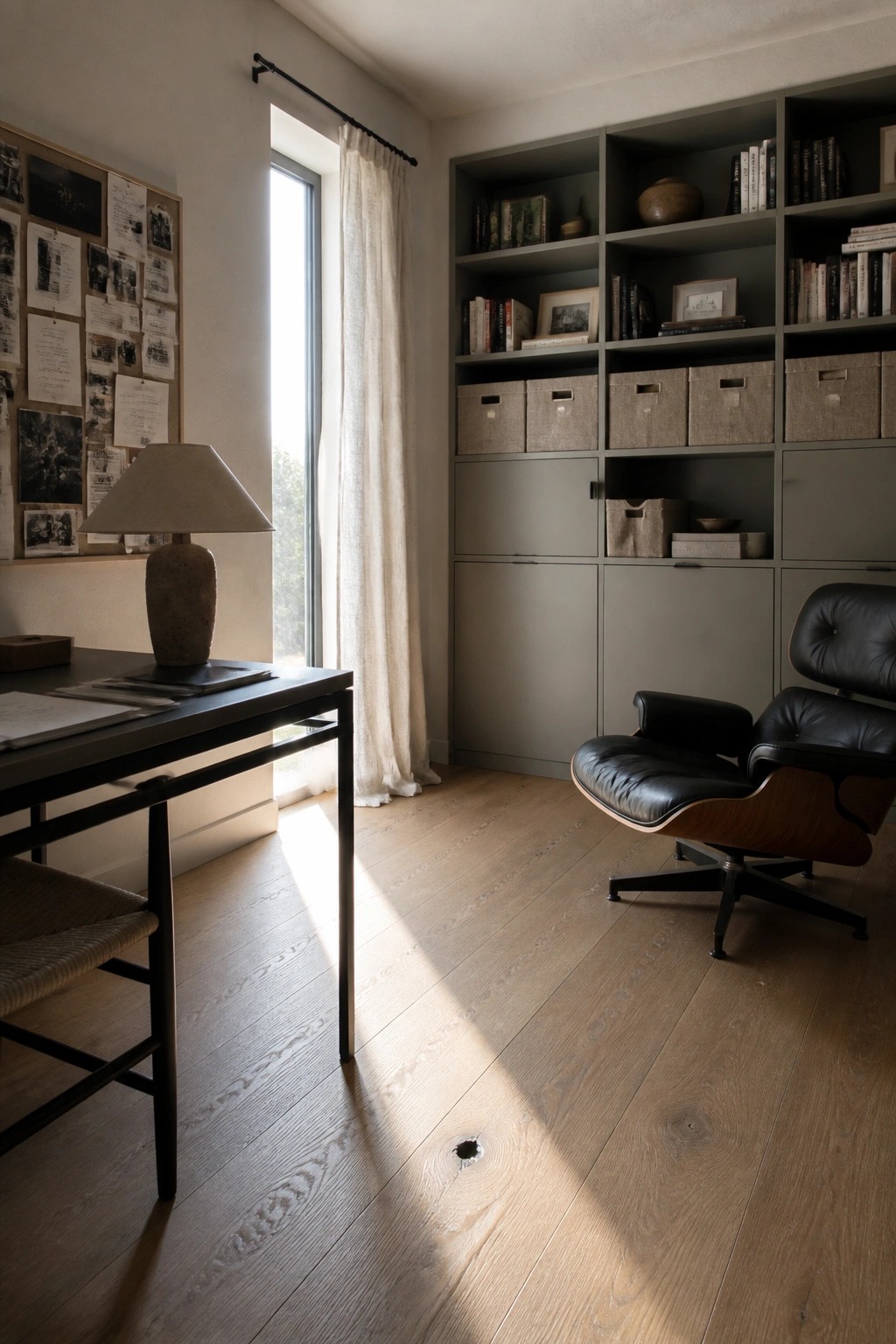 A home office with built-in gray shelving, a black leather lounge chair, wooden desk near a window, and a mood board on the wall.