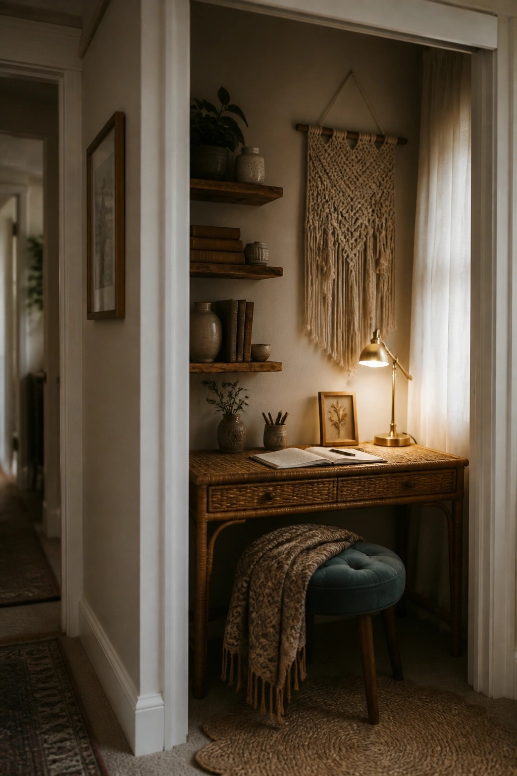 A compact home office nook featuring a wicker desk, floating wood shelves with books and vases, a macrame wall hanging, and a blue upholstered stool.