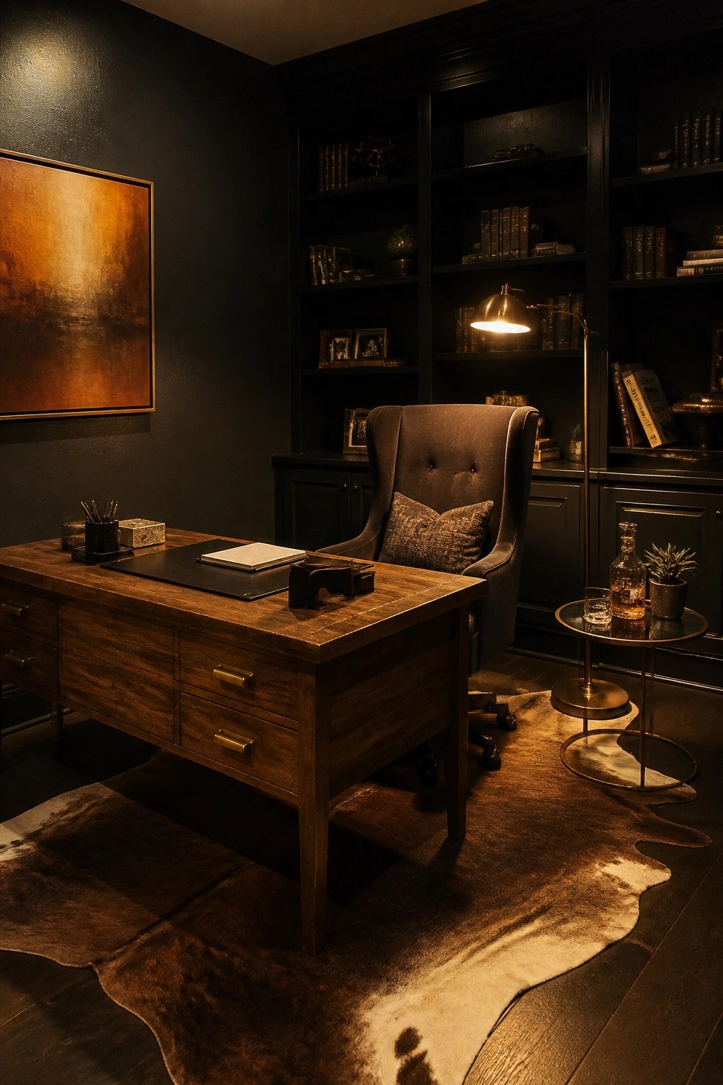 A home office featuring dark walls, built-in bookshelves filled with books, a wooden desk, a brown wingback chair, and a cowhide rug.