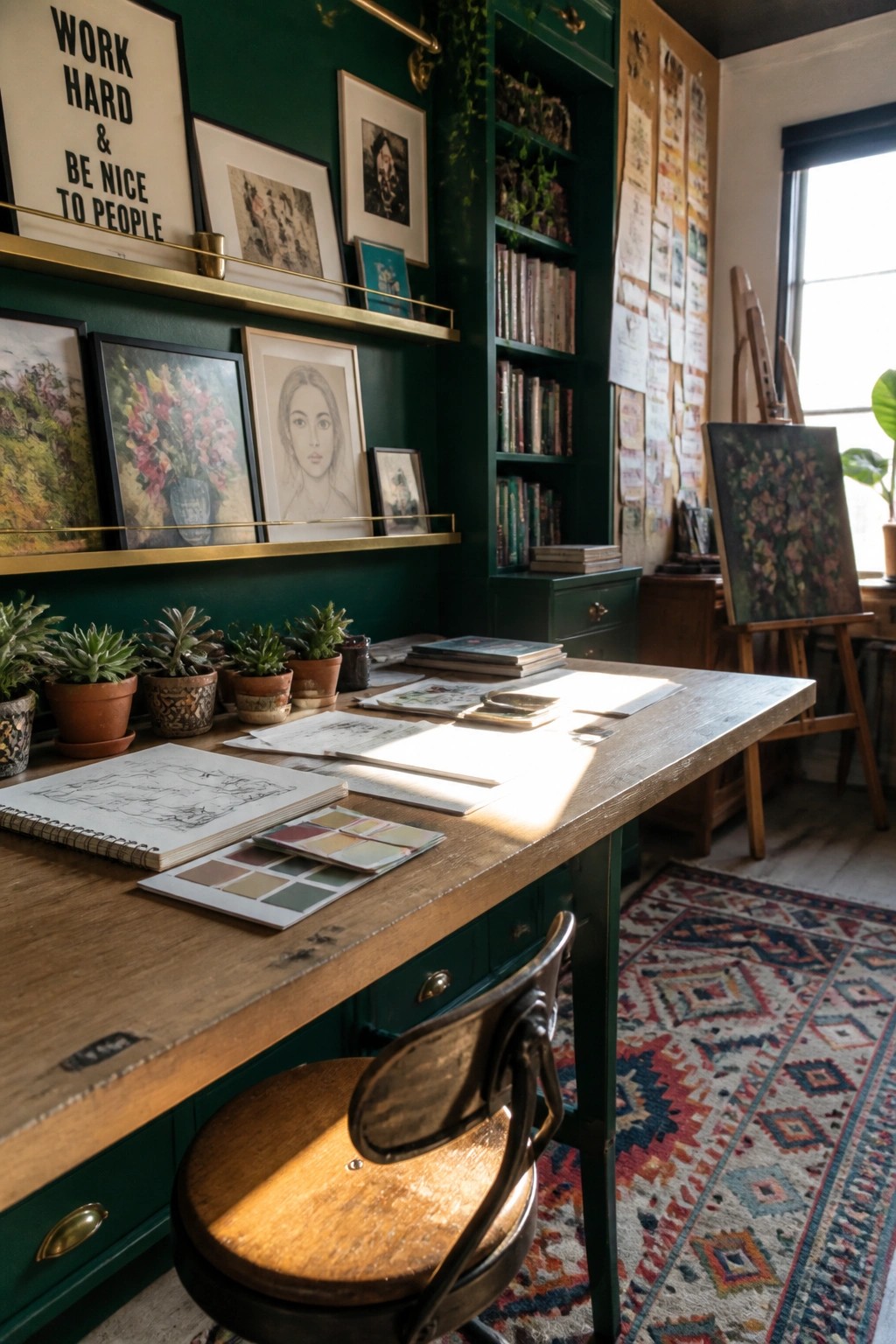 A wooden desk with sketches, a color palette, and potted plants sits in front of a deep green wall covered with framed artwork and a tall bookshelf.