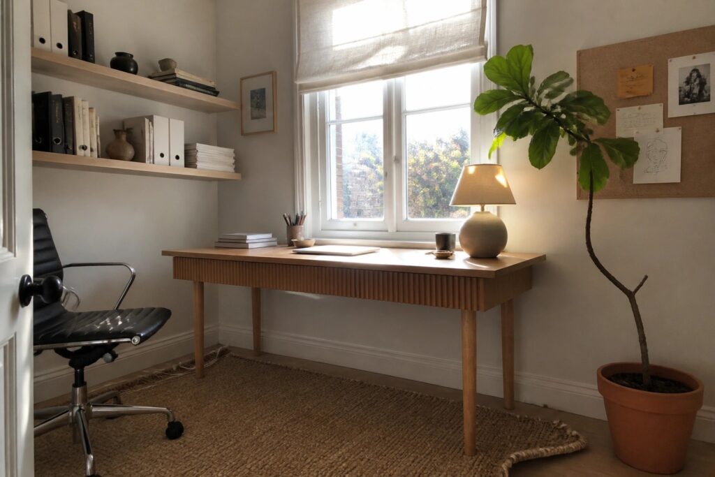 Minimalist home office with wooden desk under window, floating shelves, black chair, and jute rug.