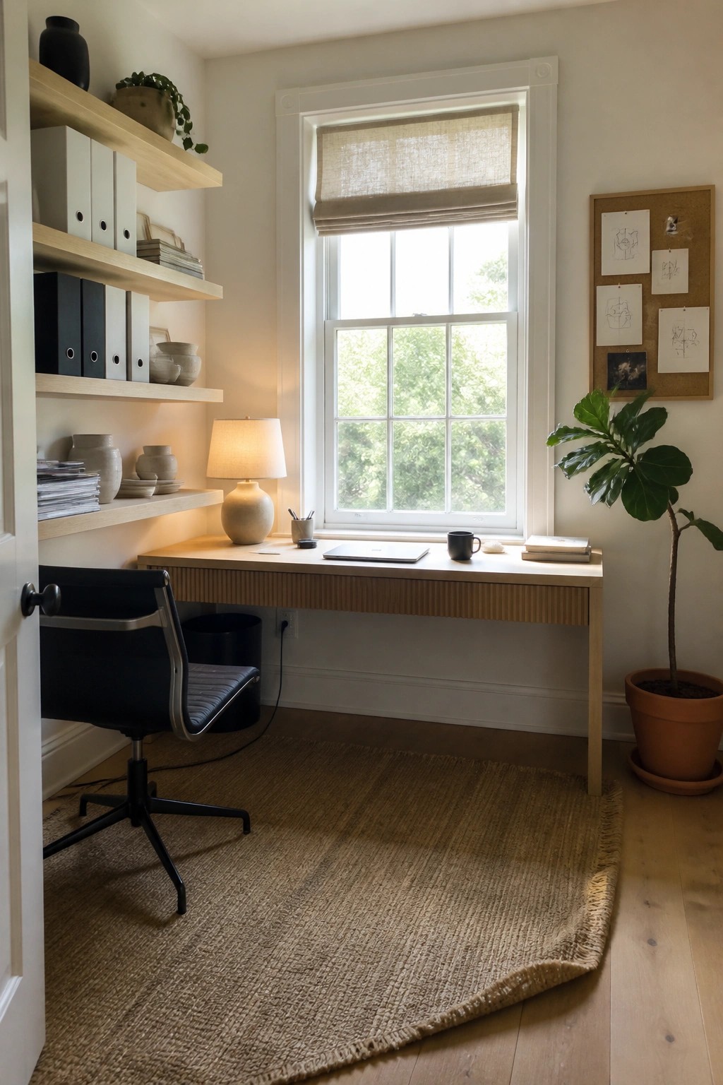 Minimalist home office with wooden desk under window, floating shelves, black chair, and jute rug.
