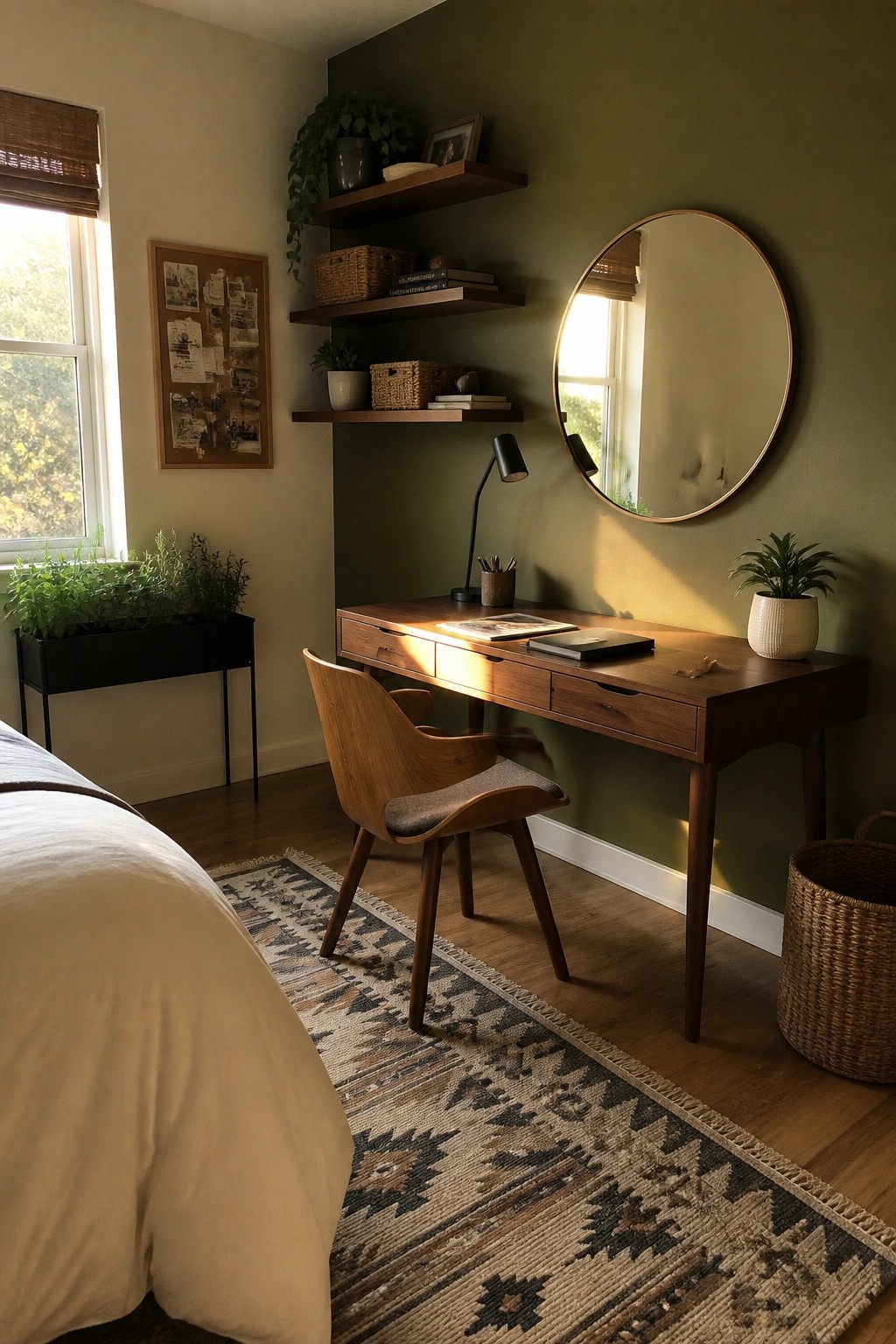 A wooden desk with floating shelves above it sits against a green wall next to a round mirror, with a wooden chair and part of a bed visible in the room.