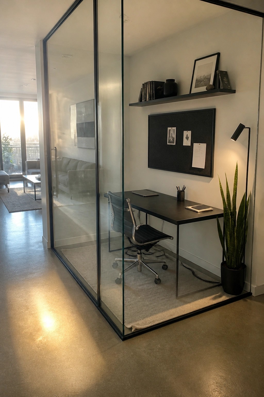 Modern glass office with black desk, chair, bulletin board, shelf, and snake plant.