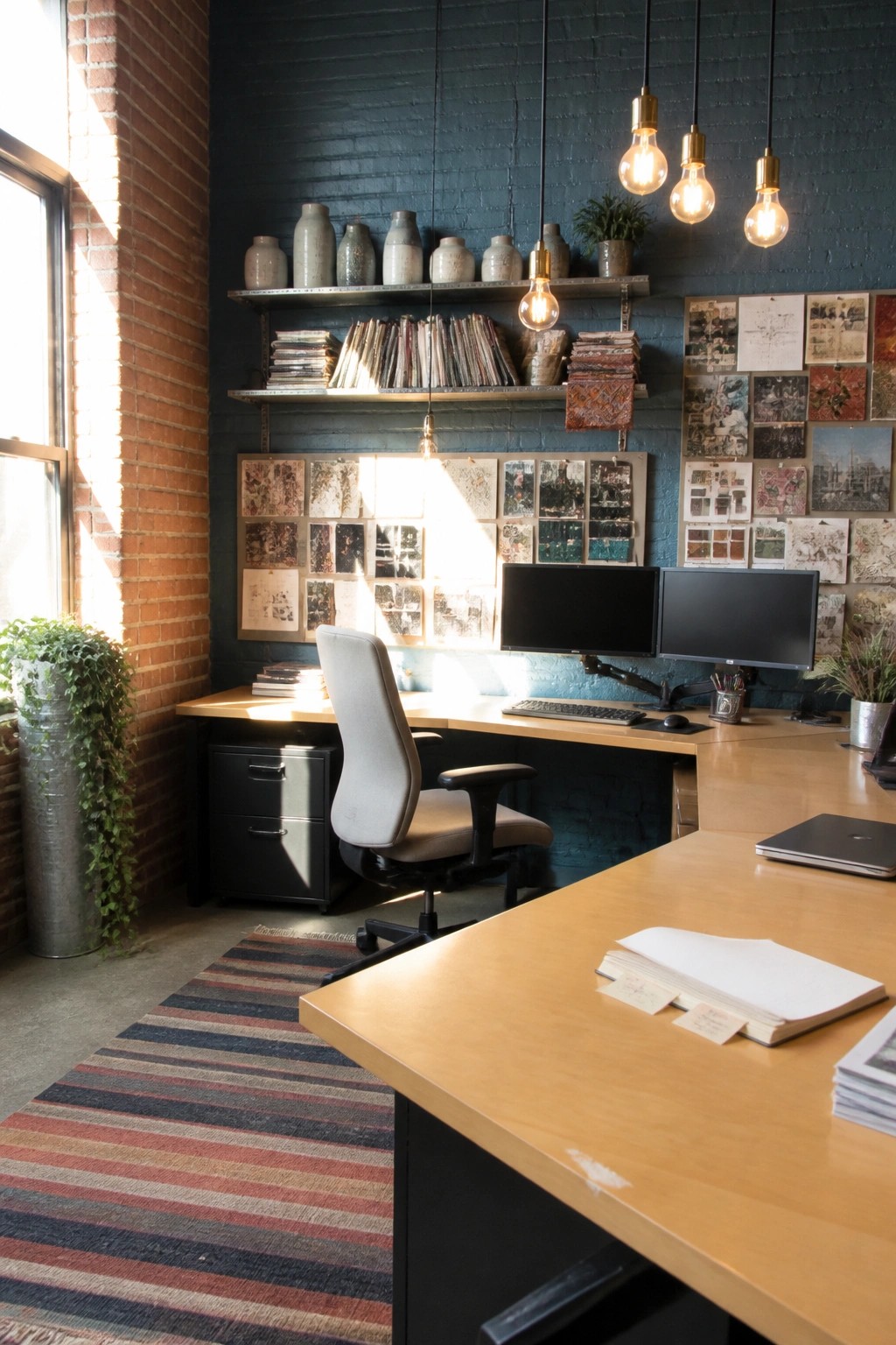 A modern home office featuring an L-shaped wooden desk with dual monitors, a gray office chair, open shelves with books and vases, and multiple mood boards on the dark blue brick wall.