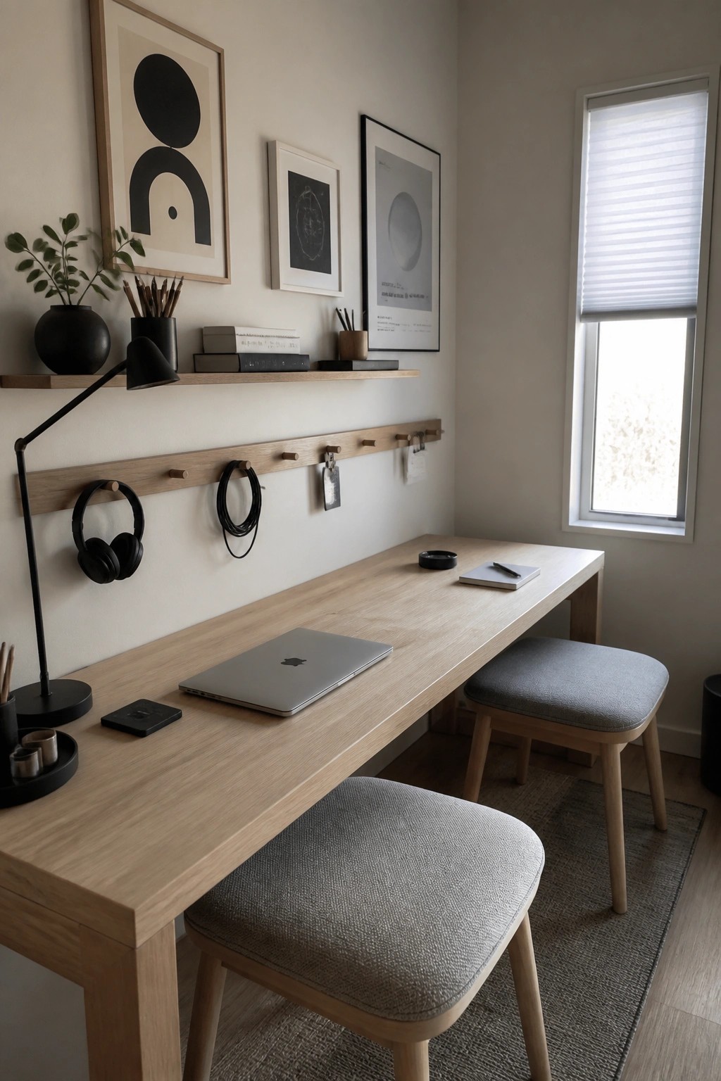 A long light wood desk with two gray upholstered stools sits below a wooden peg rail holding headphones and cables, with framed art and a floating shelf on the wall above.