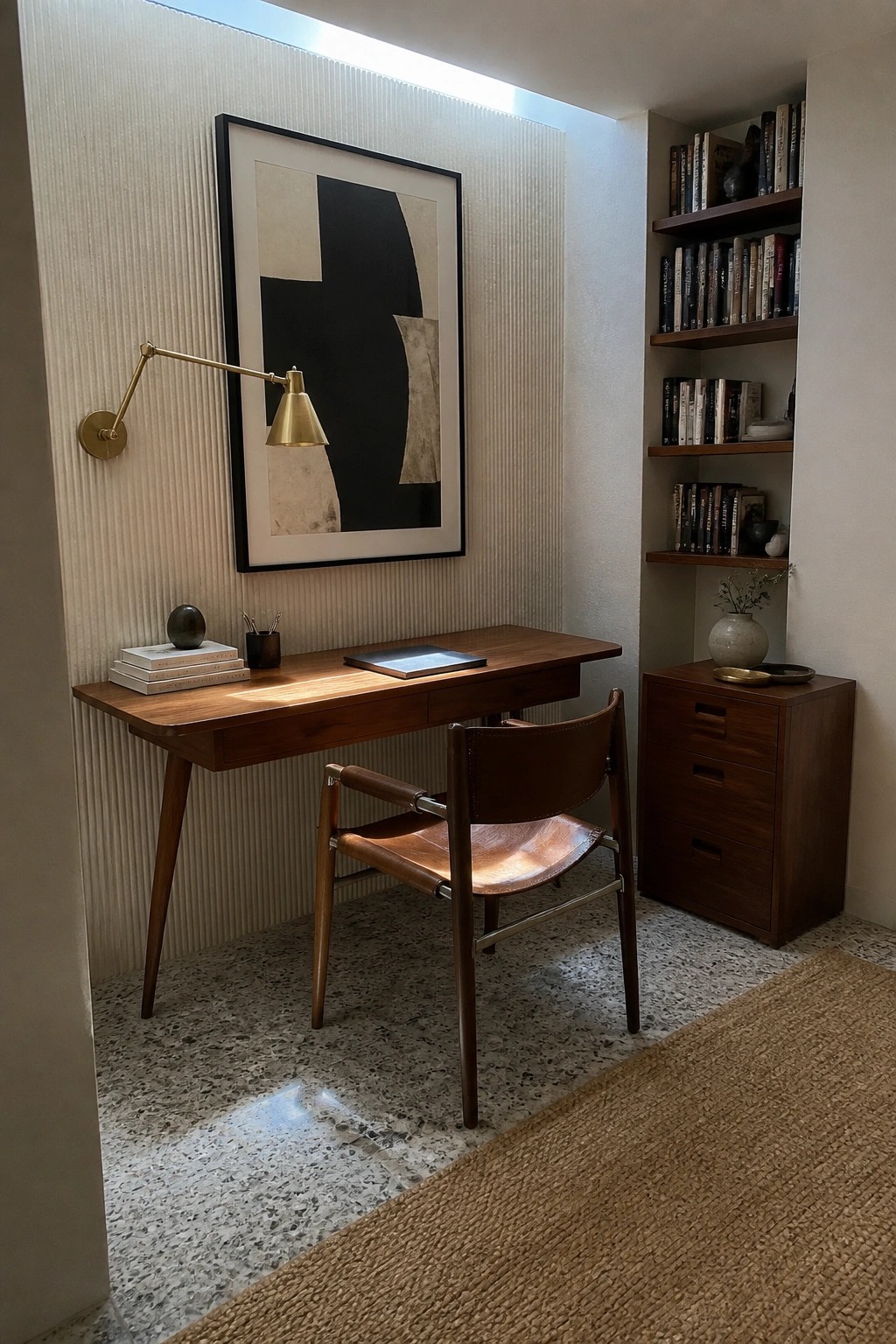 A wooden desk with a brown leather chair is placed against a vertically ribbed wall, featuring abstract artwork, a brass wall lamp, stacked books, and built-in wooden shelves with more books to the right.