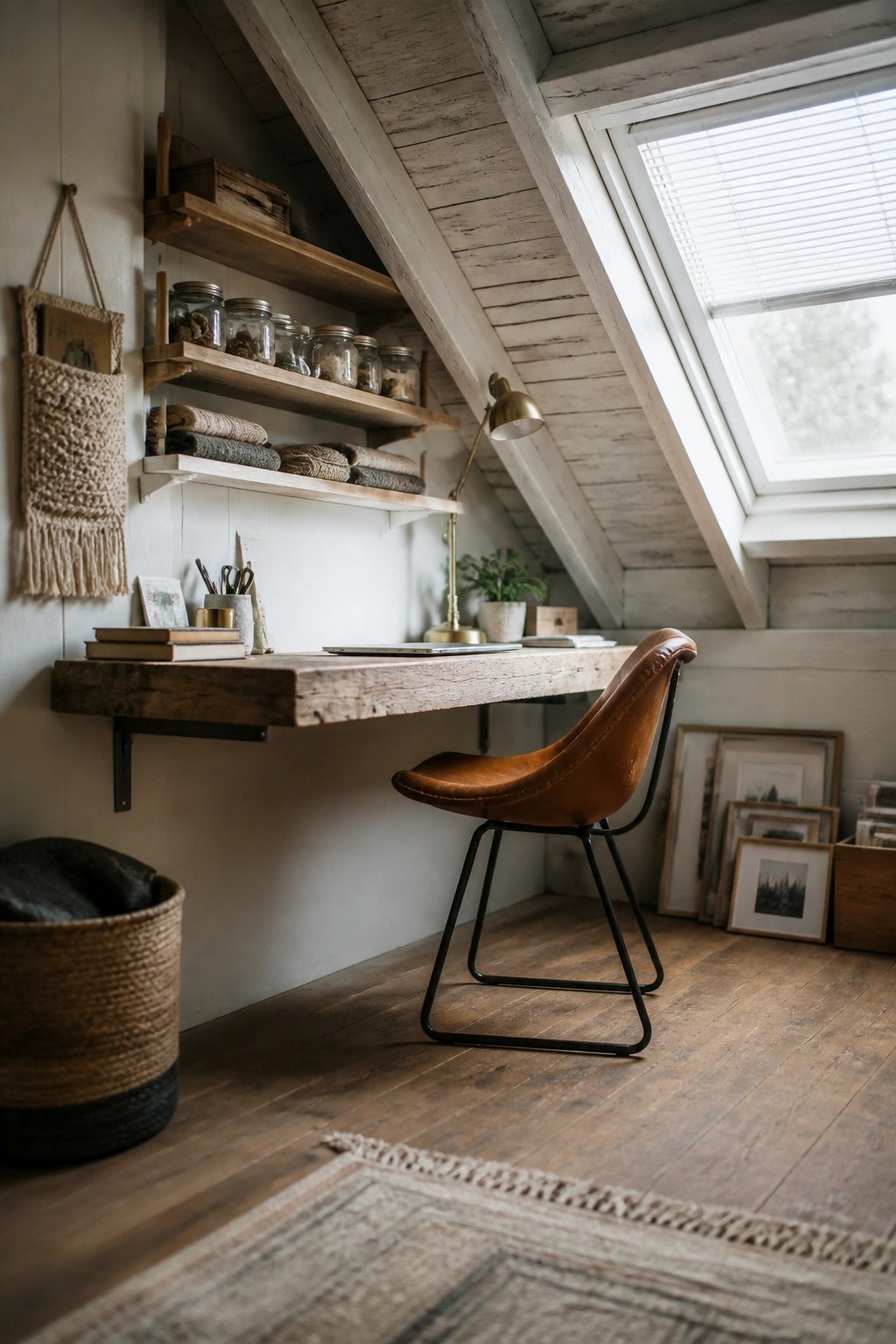 A wooden wall-mounted desk with shelves above it sits under a sloped attic ceiling next to a brown leather chair and a window.