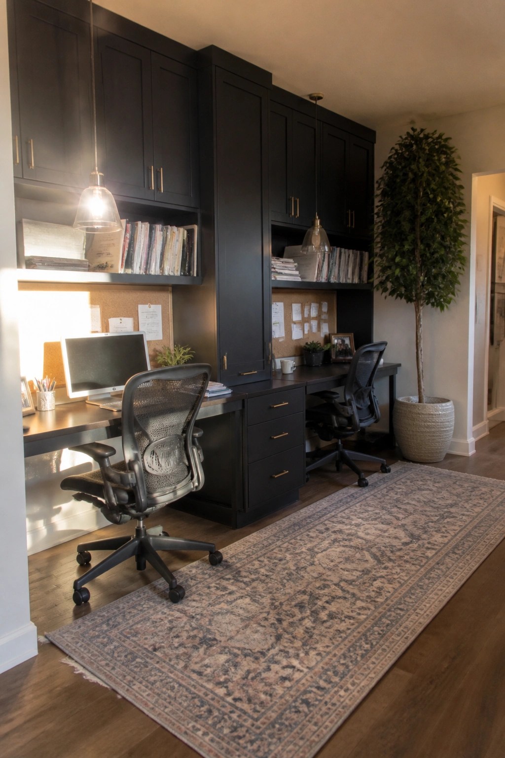 Modern home office with black cabinets, two chairs, desks, and patterned rug.
