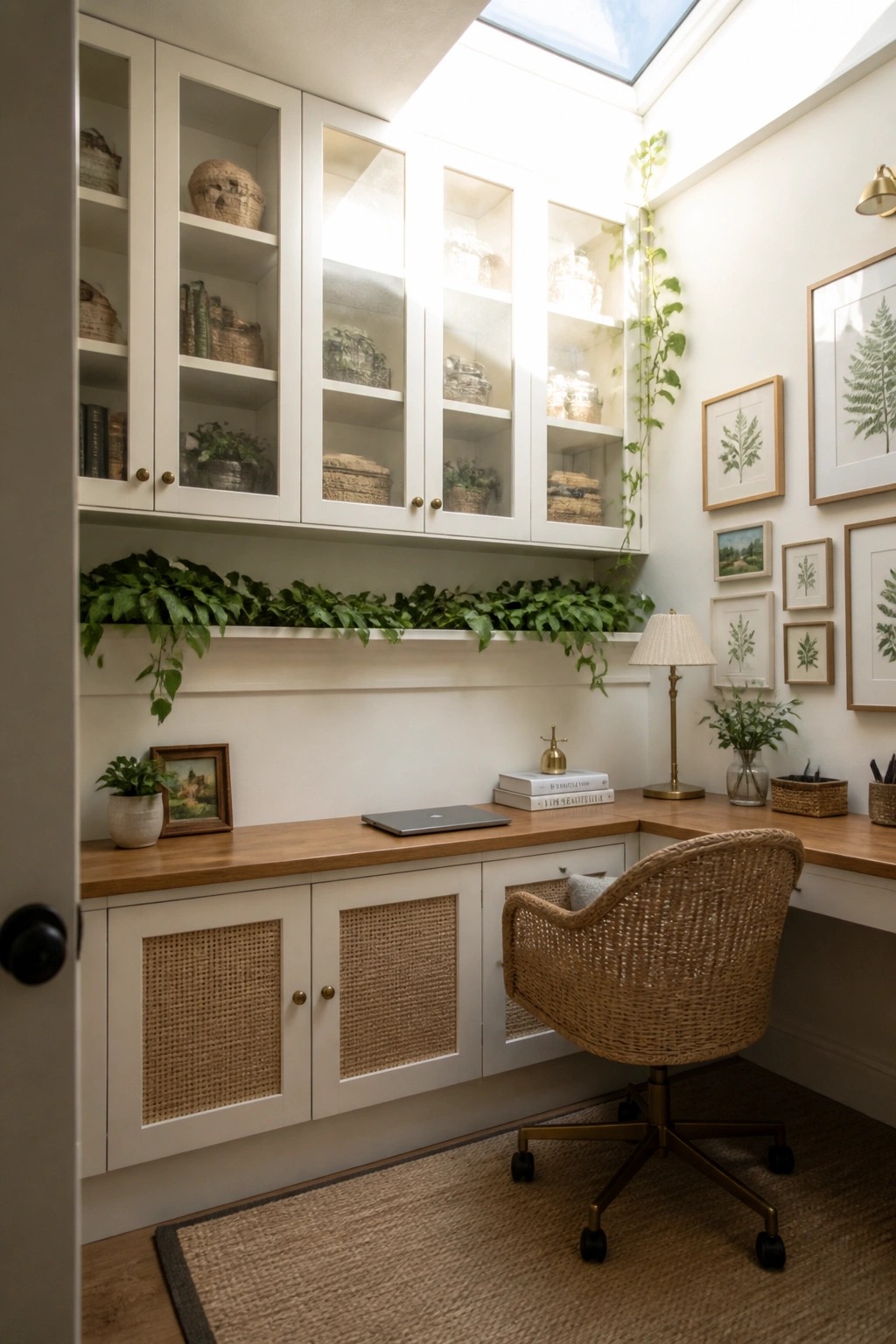 A home office with white built-in cabinets featuring glass doors above a wooden desk, a woven office chair, and plants along the wall.