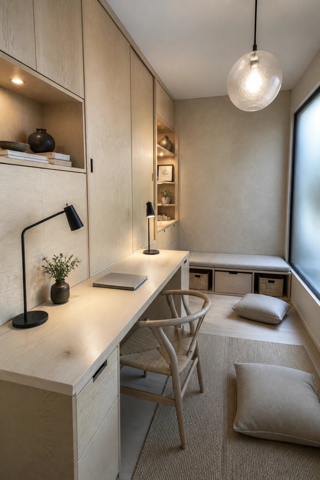 Minimalist light wood desk nook with woven chair, pendant light, and built-in bench.