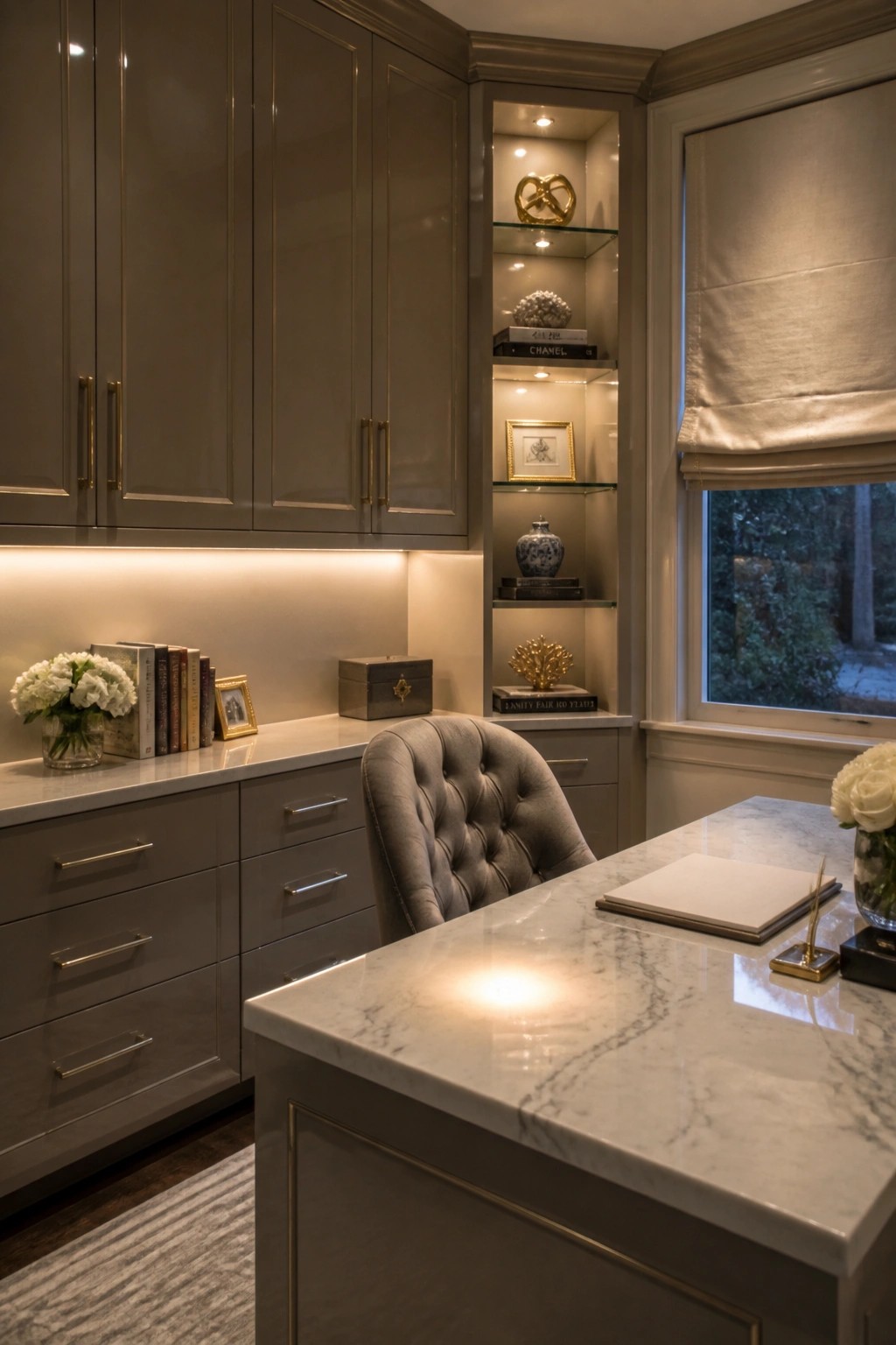 Elegant gray home office with marble desk, tufted chair, and illuminated shelves