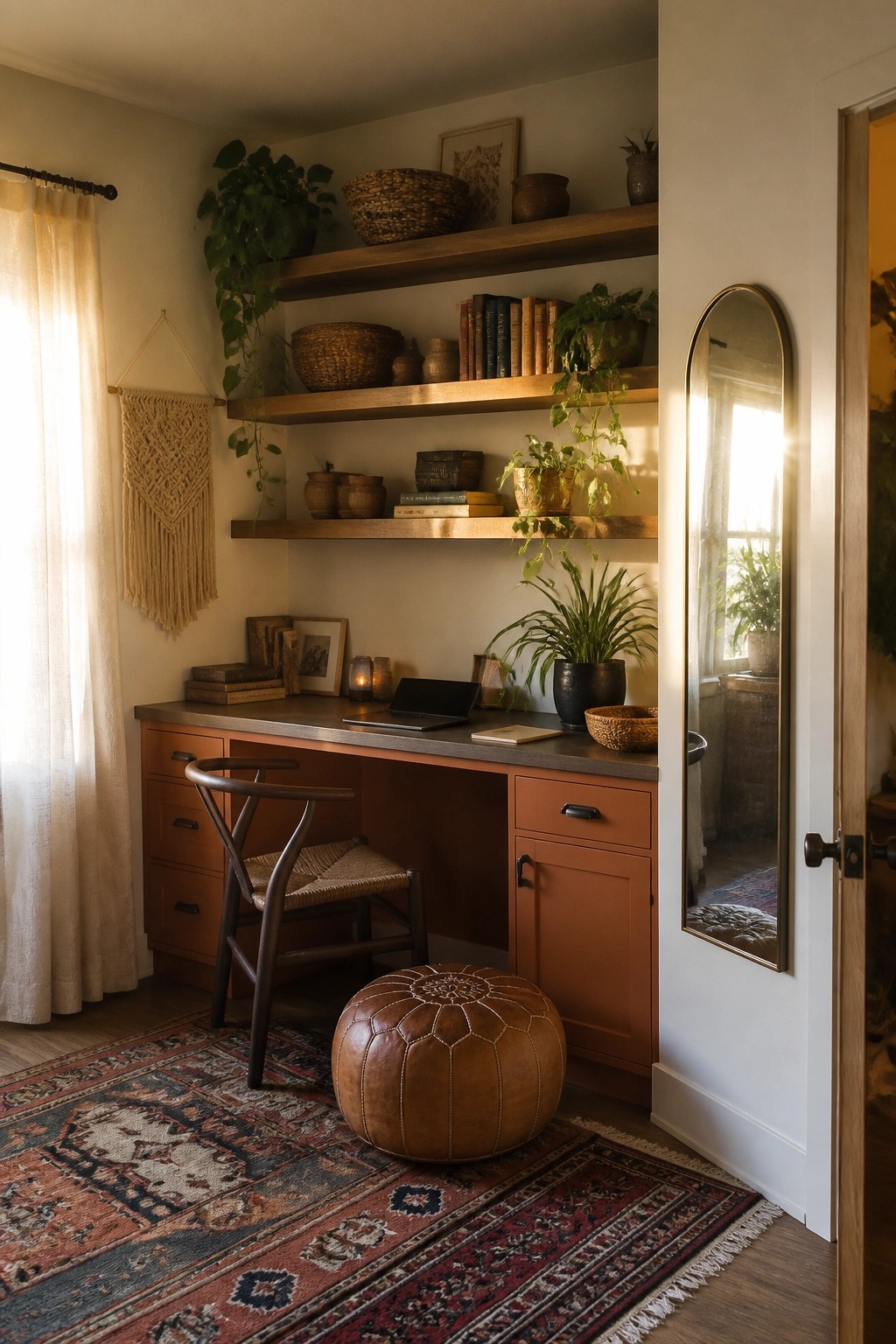 Cozy home office with wooden desk, floating shelves, plants, leather pouf, and patterned rugs.