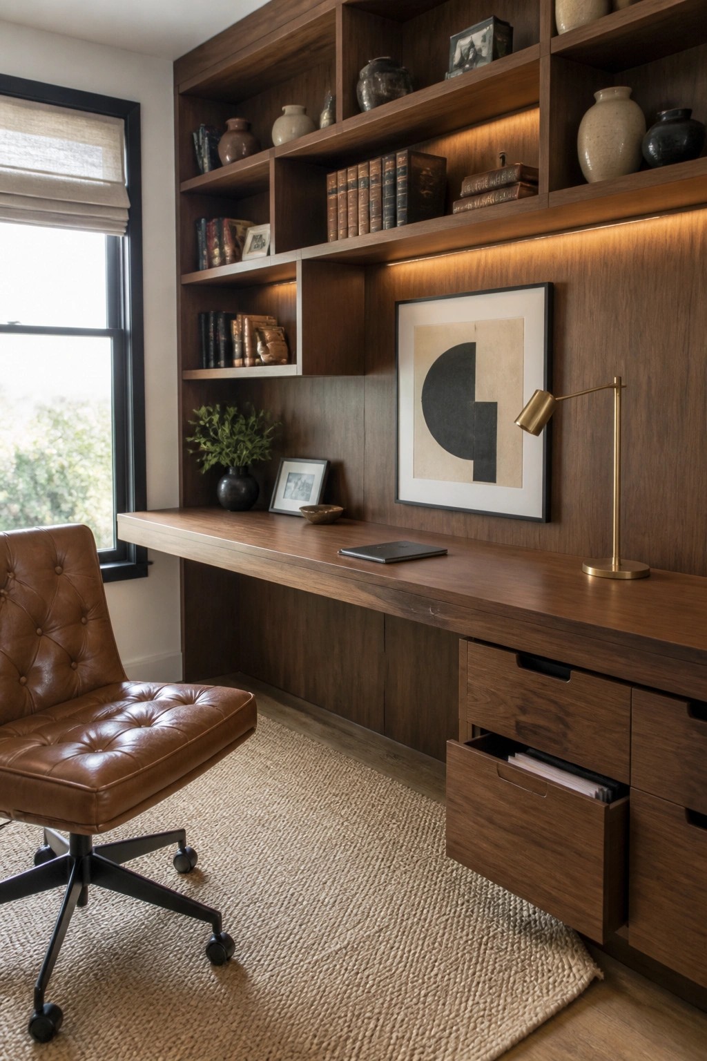 A home office with a long wooden desk built into dark wood wall shelving, a brown leather swivel chair, and a woven rug on the floor.