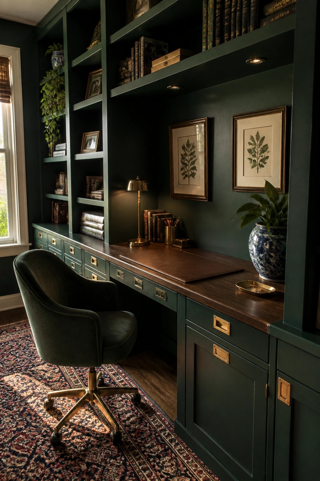 A home office with dark green built-in bookshelves and cabinets surrounding a wooden desk, a green upholstered chair on a patterned rug, and framed art on the wall.