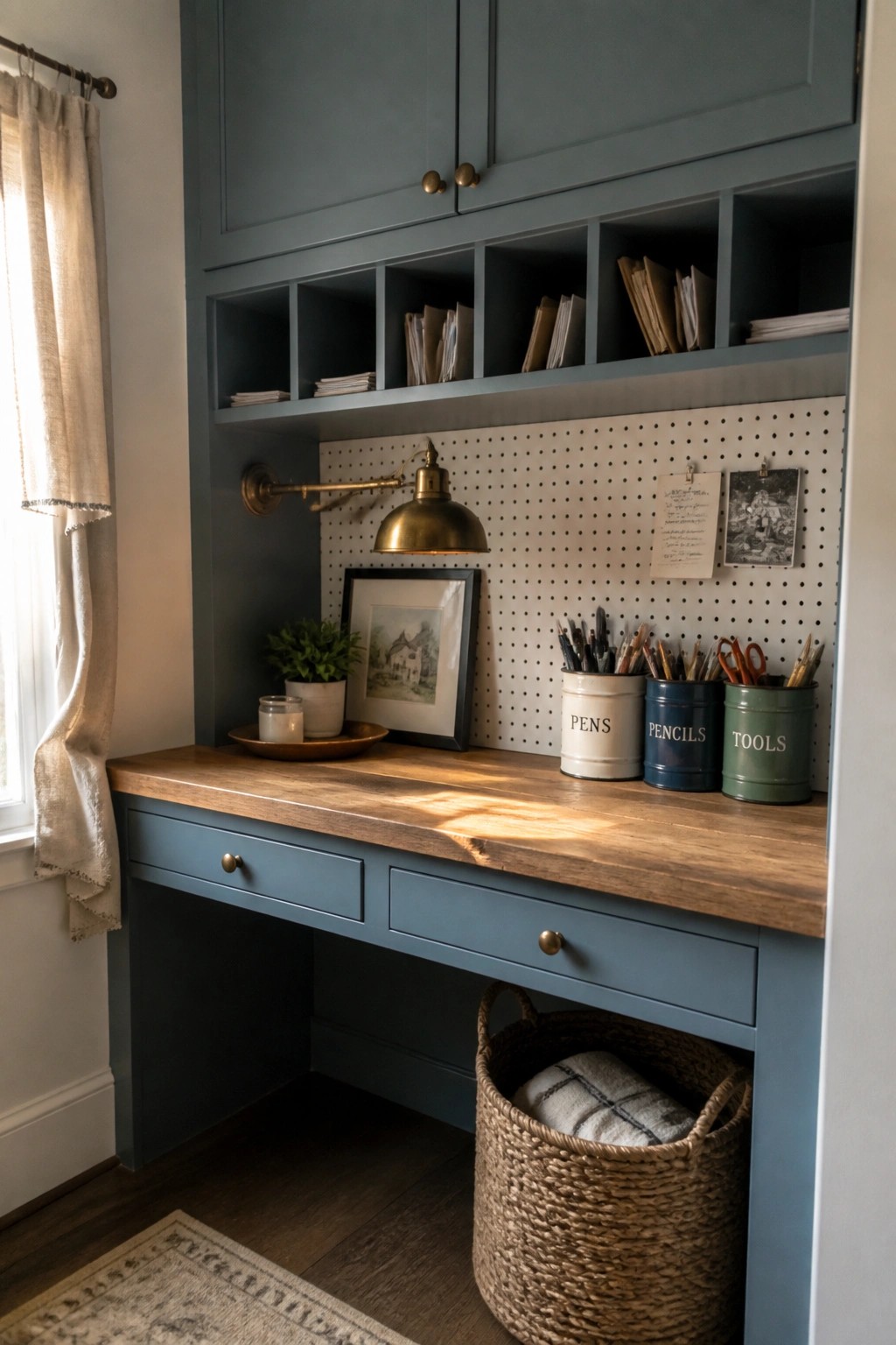 A built-in desk with blue cabinetry, wooden top, overhead cubbies, pegboard, and storage containers in a home office.