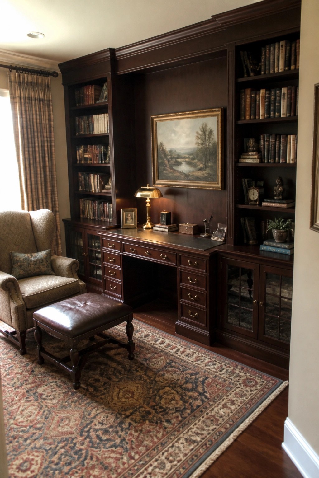 A home office with dark wood built-in bookshelves and cabinets surrounding a central desk, a landscape painting above it, and an armchair with ottoman in the foreground.