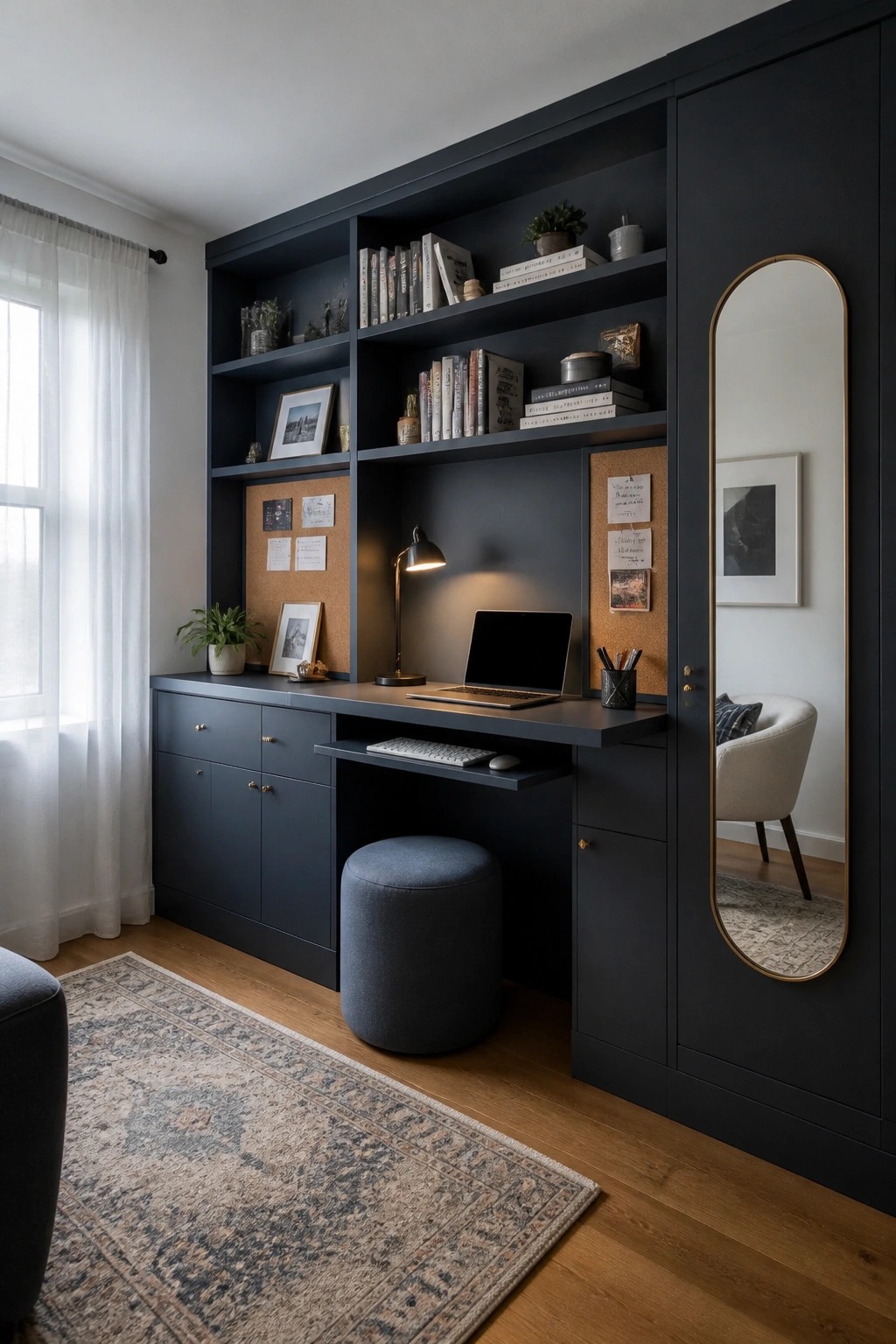 A dark built-in wall unit in a home office features open shelves above, lower cabinets, a desk with a laptop, and a tall mirror on the right side.