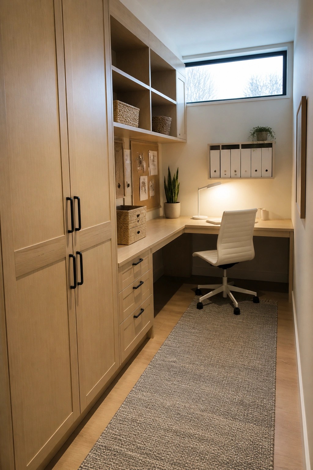 A narrow home office with light wood built-in cabinets and open shelving along one wall, a wooden desk, white office chair, and a gray rug.