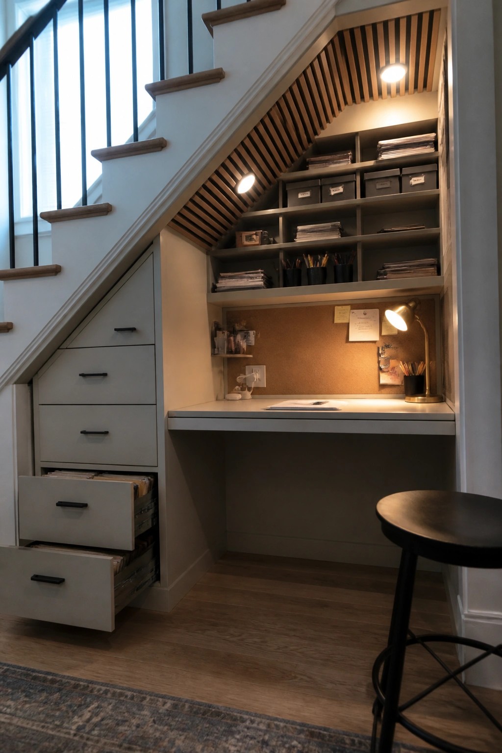 Under-stair workspace with built-in gray desk, shelves, corkboard, lamp, and black stool