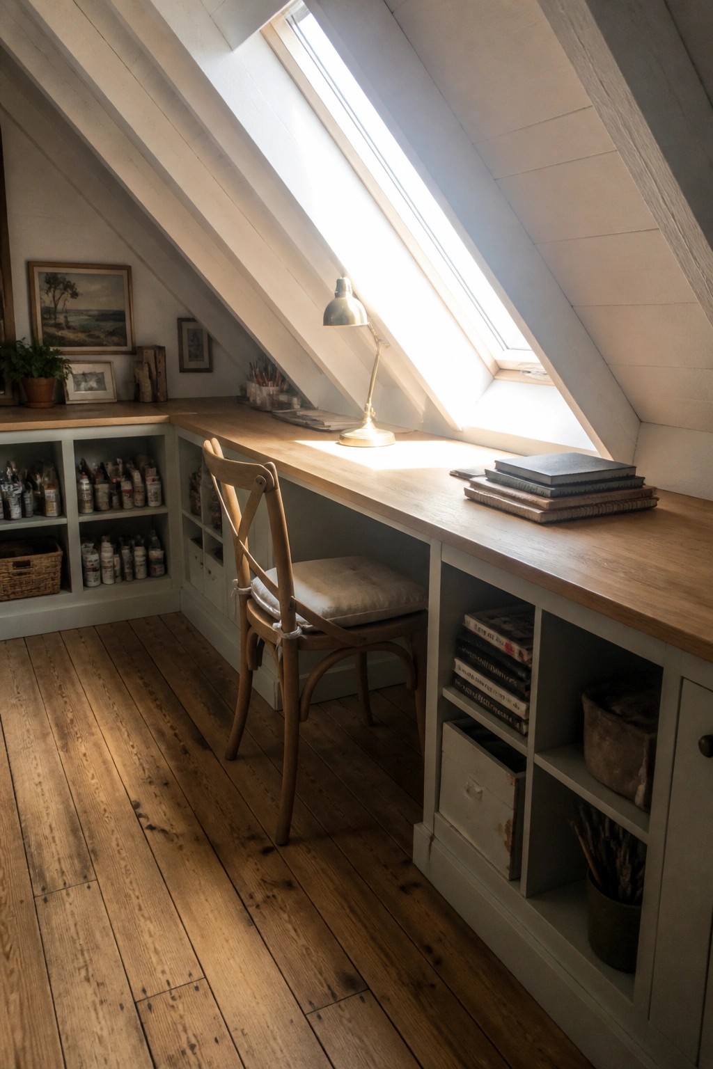 Cozy attic workspace with wooden desk, lamp, books, chair, and storage shelves