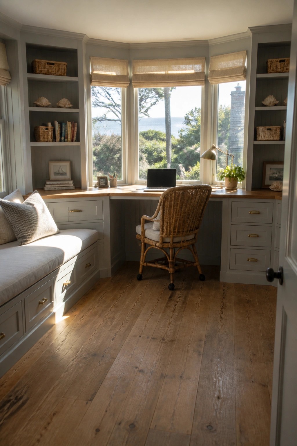 A home office with gray built-in shelves and a desk surrounding three large windows, a wicker chair facing a laptop on the desk, and a window seat with pillows on the left.