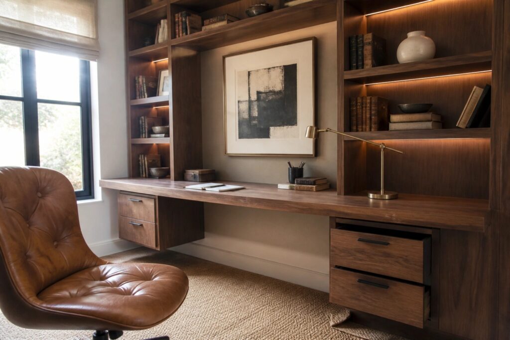 21 Elegant Home Office Design Ideas Centered Around Built-In Storage A home office with a long wooden desk built into dark wood wall shelving, a brown leather swivel chair, and a woven rug on the floor.