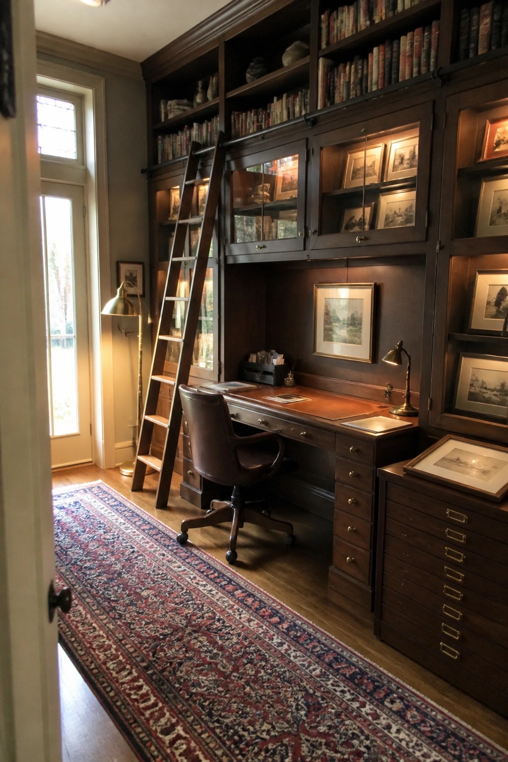 A home office featuring dark wood built-in bookshelves with a rolling ladder, an integrated desk, and a brown leather office chair on a patterned rug.