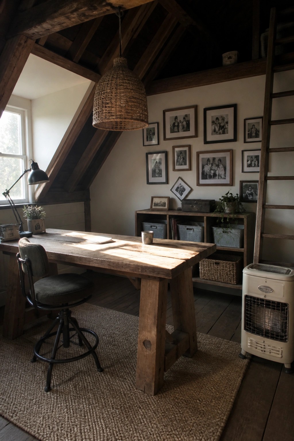 An attic home office with a large wooden desk on a woven rug, a swivel chair, black desk lamp, and framed photos on the wall.