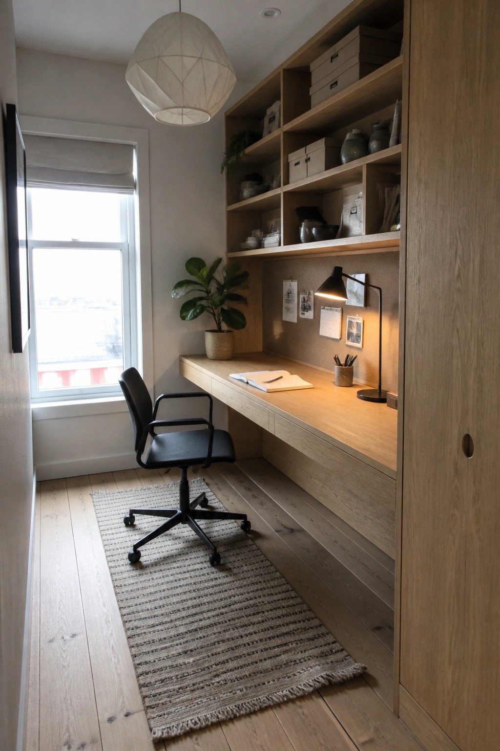 Interior view of a compact home office with a long wooden built-in desk, overhead open shelving, black rolling chair, and a window on the left.