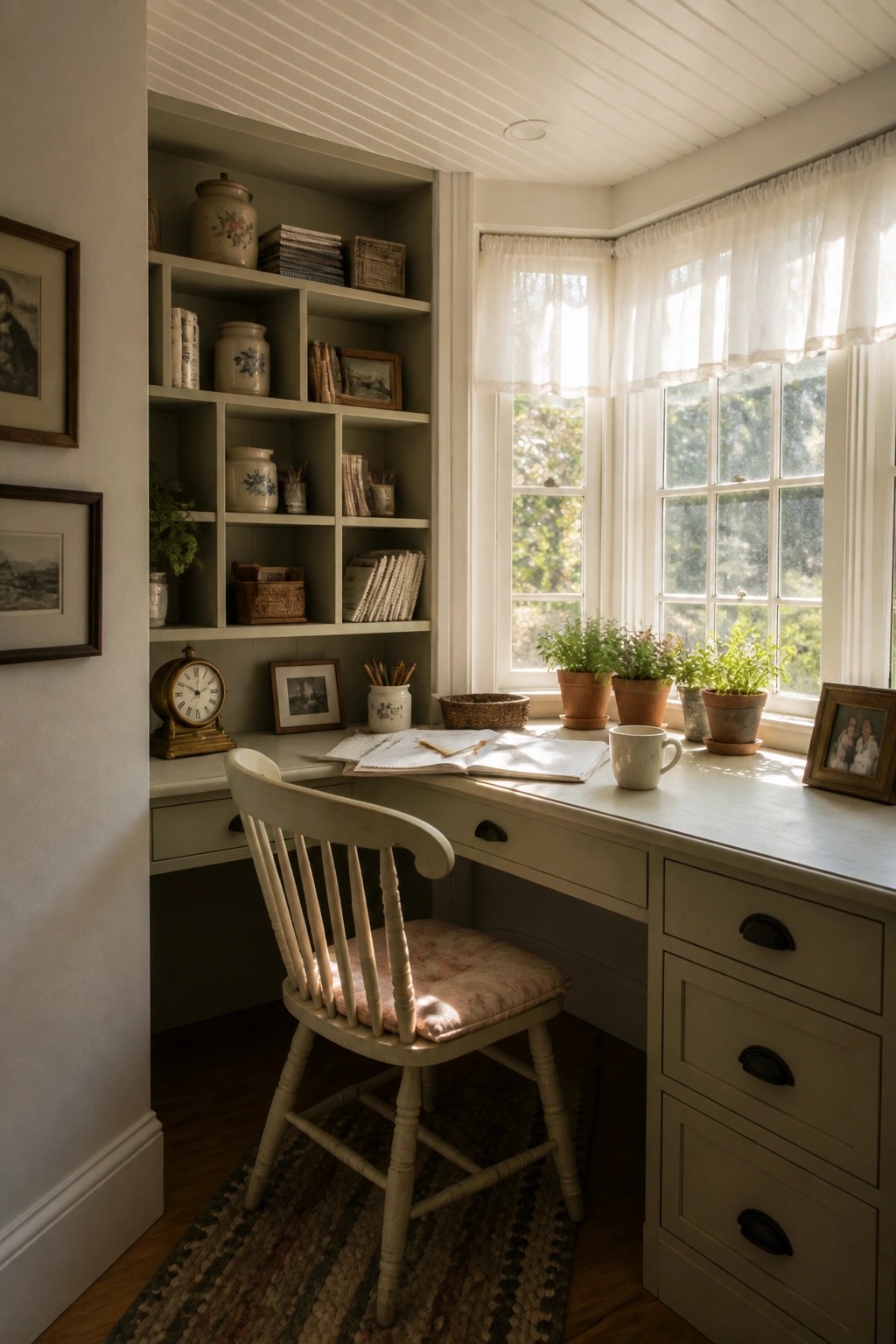 Cozy built-in desk with open book, white chair, and plants by sunny window
