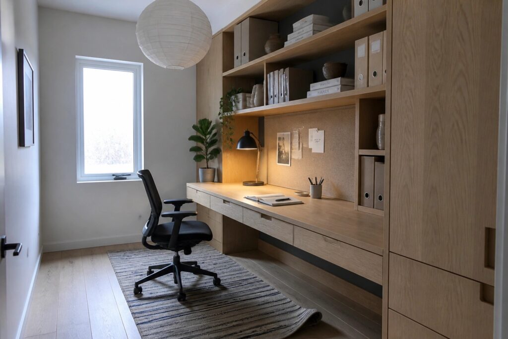 Interior view of a compact home office with a long wooden built-in desk, overhead open shelving, black rolling chair, and a window on the left.