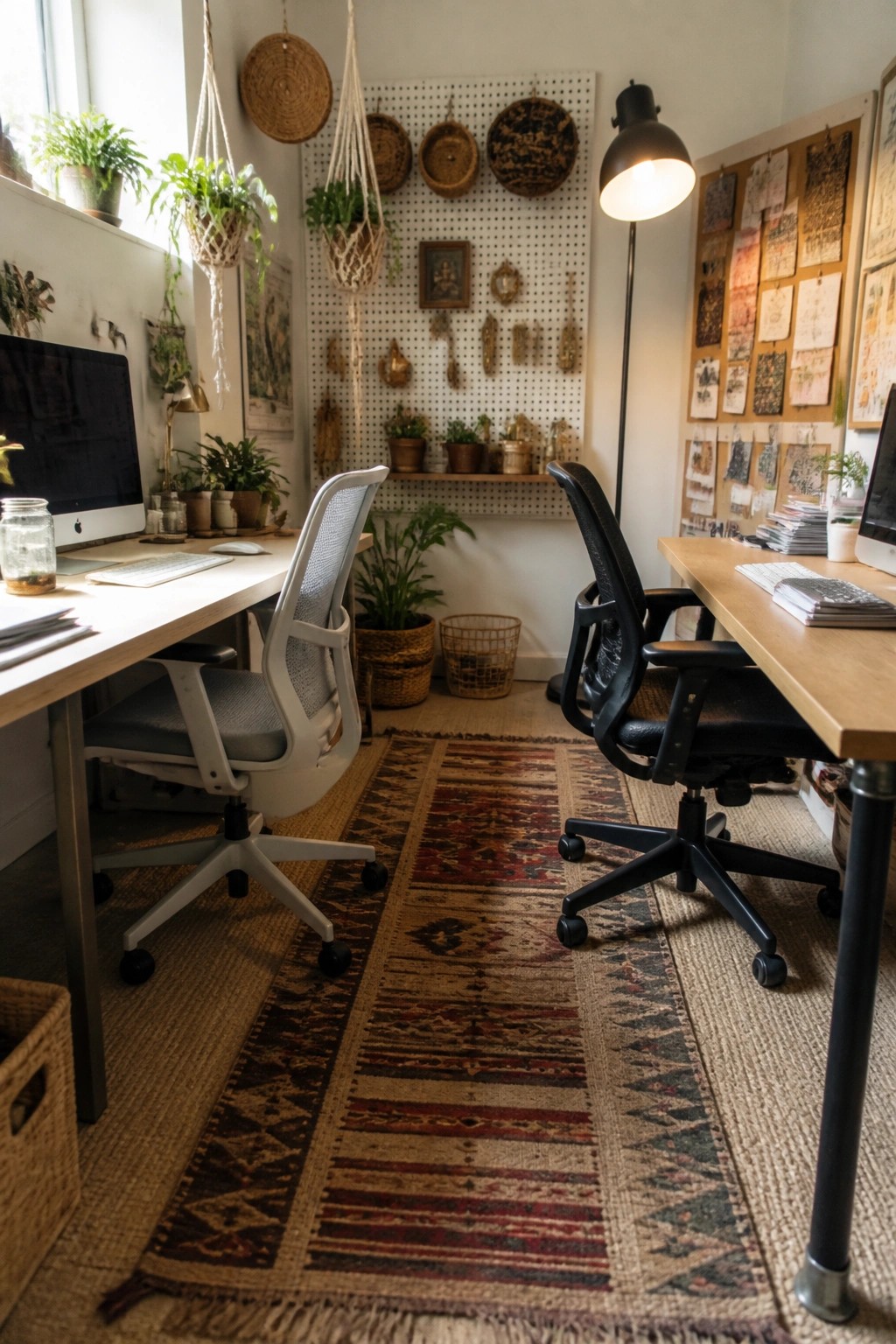 Cozy dual workspace with wooden desks, two office chairs, and patterned runner rug.