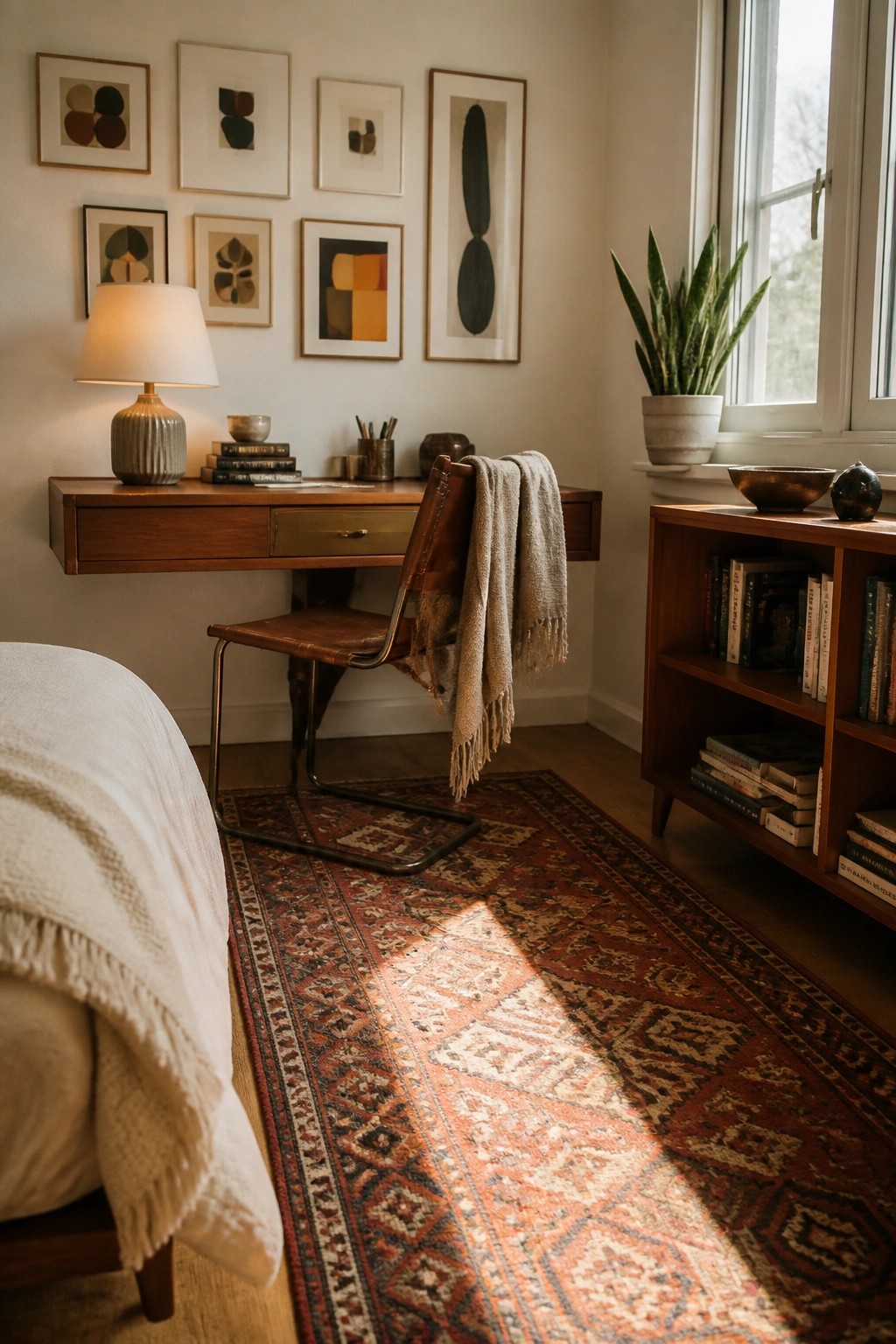 A wooden wall-mounted desk with drawers sits against a white wall under framed artwork, with a brown leather chair and patterned rug in front.