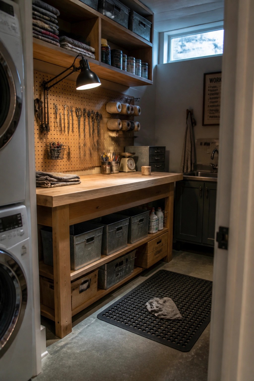 A wooden workbench with metal bins stored underneath sits in front of a pegboard wall in a utility room next to a washing machine.
