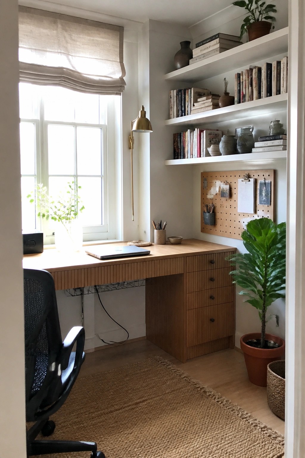A light wood desk with drawers sits under a window, topped by two white floating shelves filled with books and pottery, next to a pegboard and a potted plant.