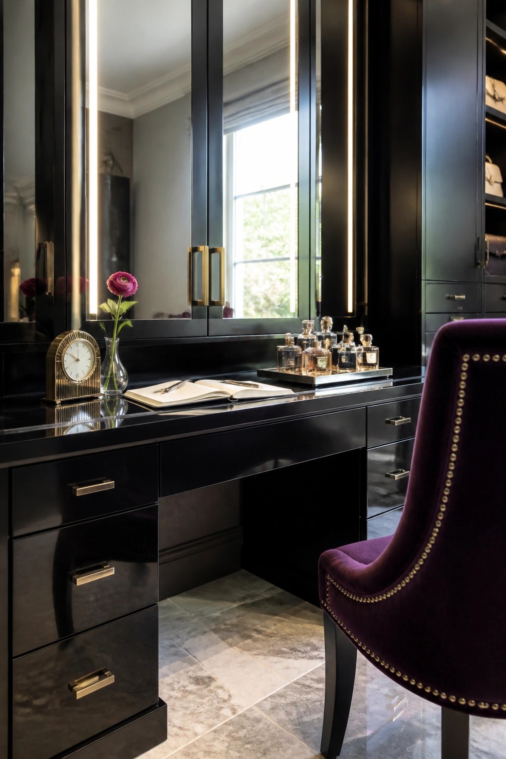 A black glossy desk with an open notebook, a small clock, a vase with a flower, perfume bottles on a tray, and a purple velvet chair positioned in front of mirrored cabinets with vertical lights.