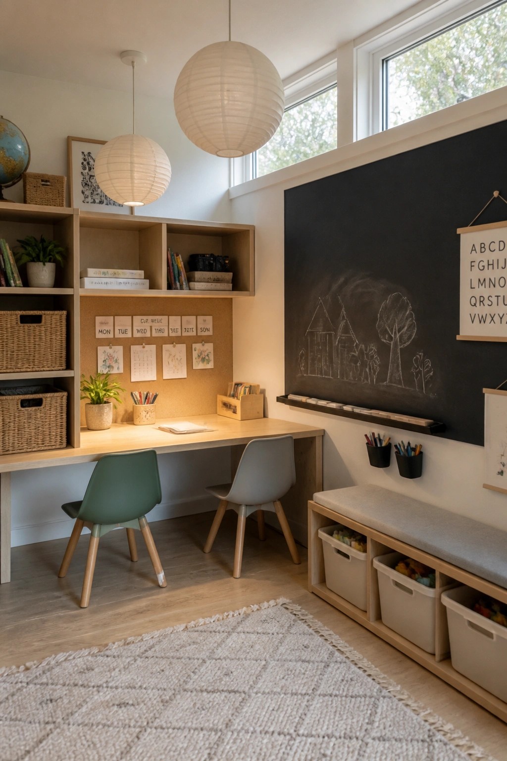 A children's study nook with a light wood desk, two molded chairs, built-in shelves, a large chalkboard wall with drawings, and storage bins under a bench.
