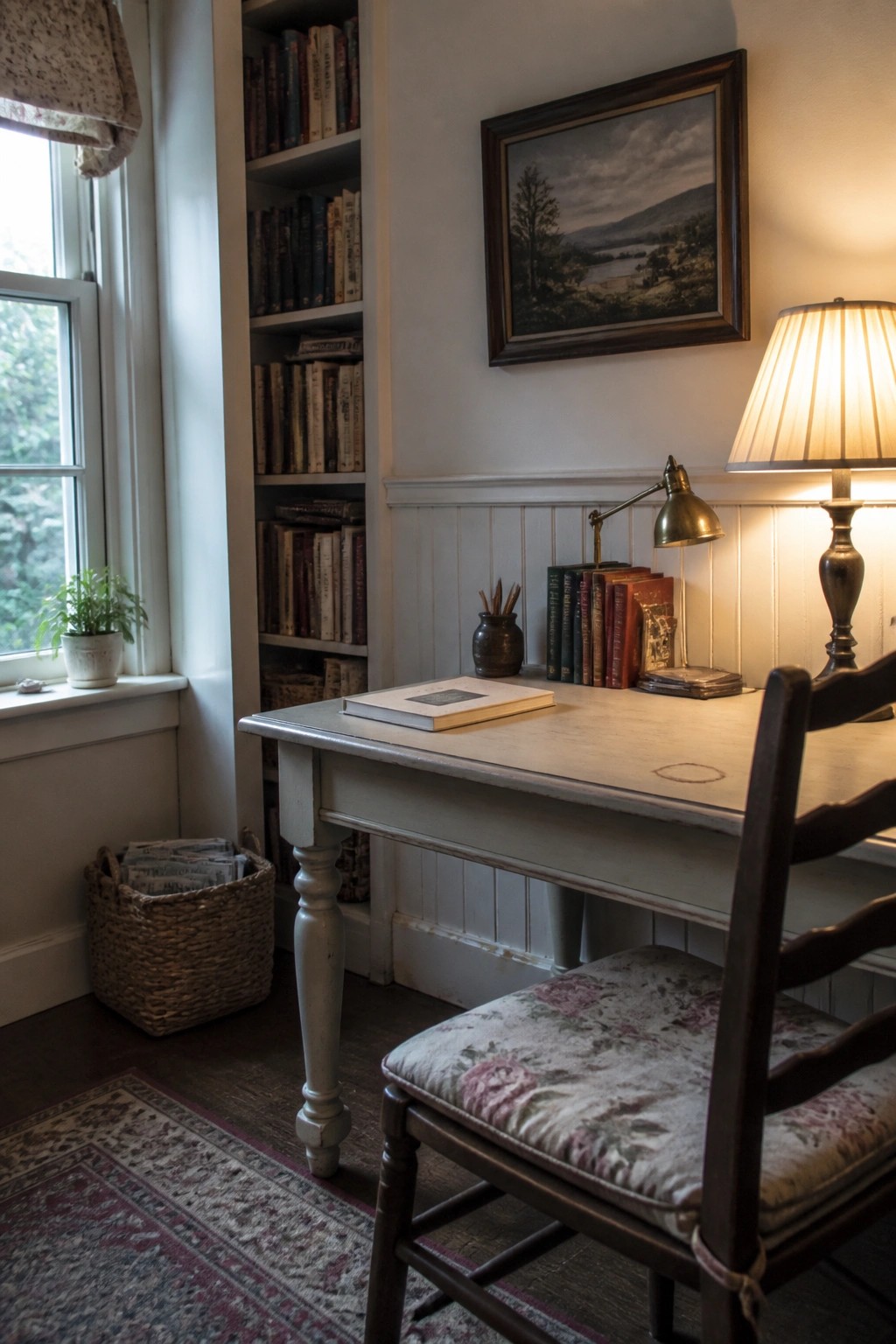 A wooden desk with a floral chair sits against white wainscoting, next to a tall built-in bookshelf filled with books and a window on the left.