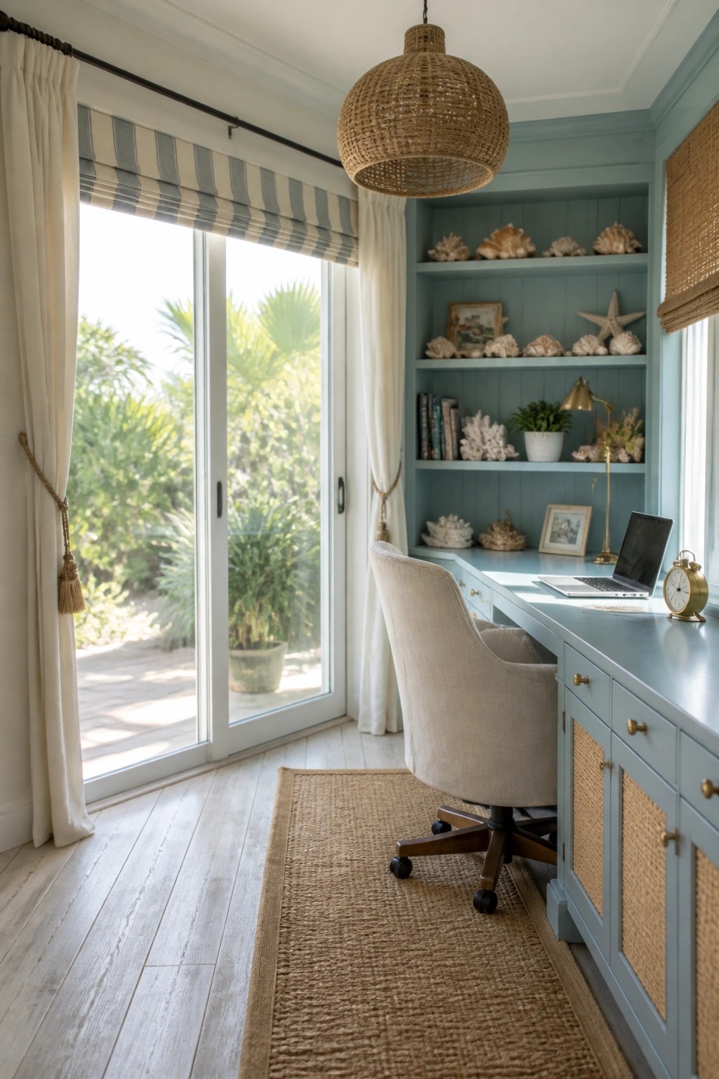 A home office with a blue built-in desk and open shelves holding books, plants, and seashells, next to a large window with white curtains.