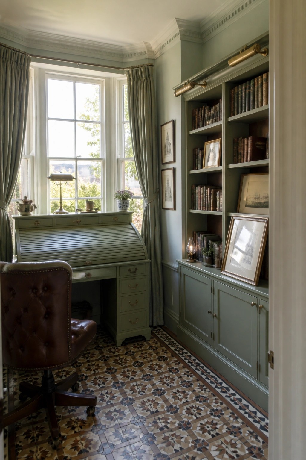 A sage green built-in desk with roll top and surrounding bookshelves placed in front of a bay window in a home office.