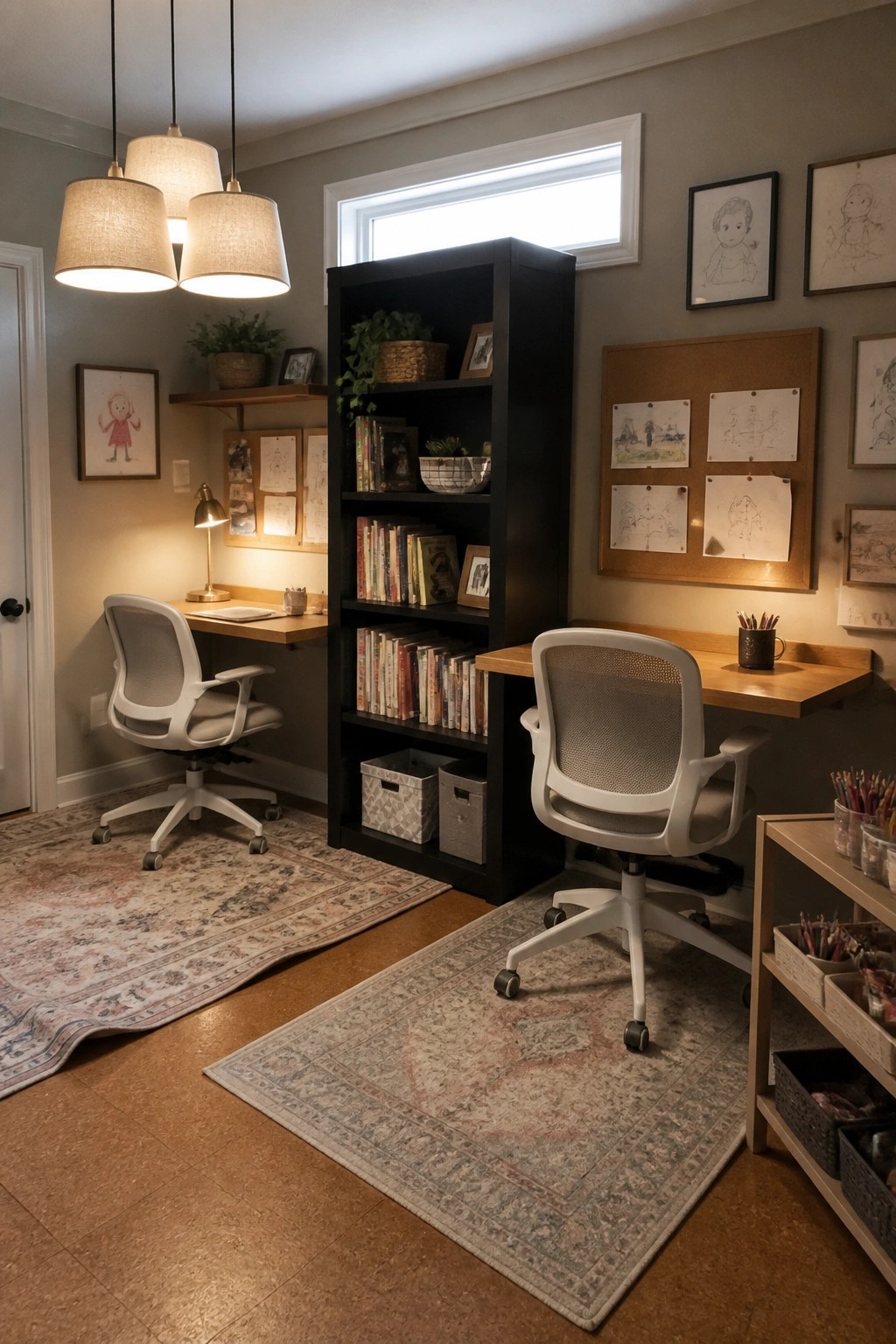 Cozy home office with two white chairs, wooden desks, black bookshelf, and rugs.