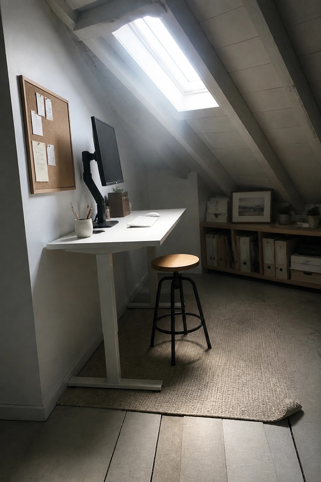 A white height-adjustable desk with monitor and keyboard sits under a skylight in an attic room, next to a wooden stool on a woven rug and a corkboard on the wall.